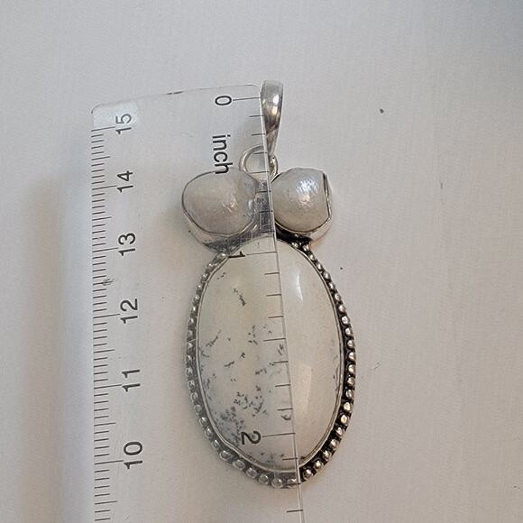 Necklace Pendants Dendritic Opal and Pearl Handmade Jewelry in Sterling Silver - Picture 3 of 10